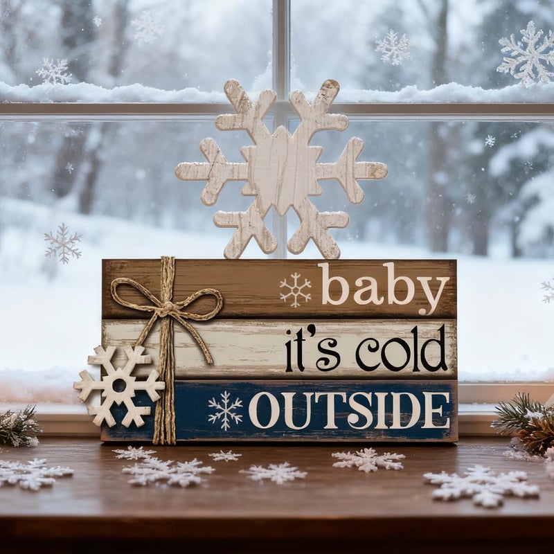 Anglechic 4 Pcs Winter Home Decor Winter Table Decorations Christmas Tiered Tray Decor Centerpiece Decorations Indoor Rustic Wooden Snowflake Block Sign Gift Farmhouse for Kitchen Shelf - Image 2